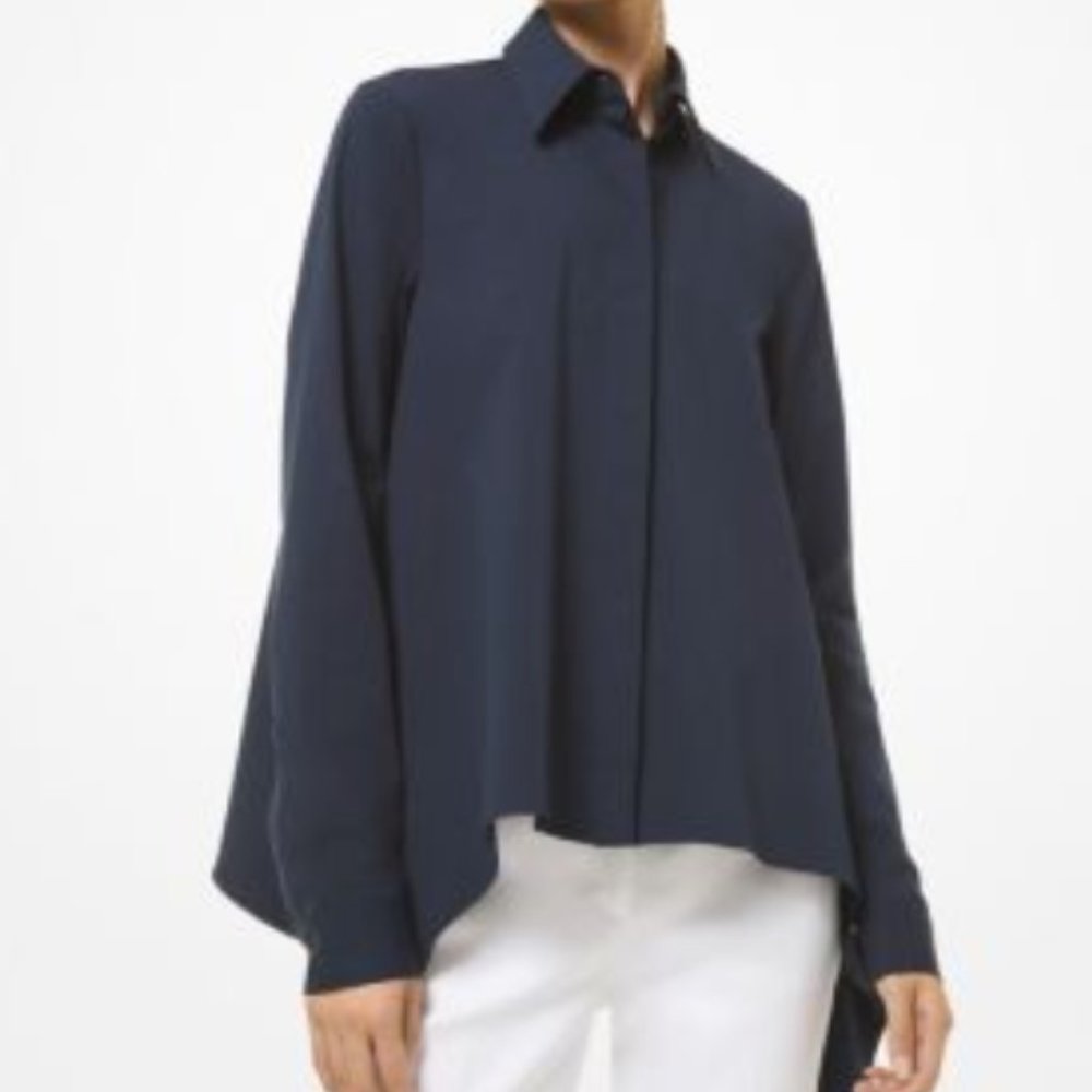 Michael Kors Navy Stretch Organic Cotton Poplin Draped Shirt Size 0